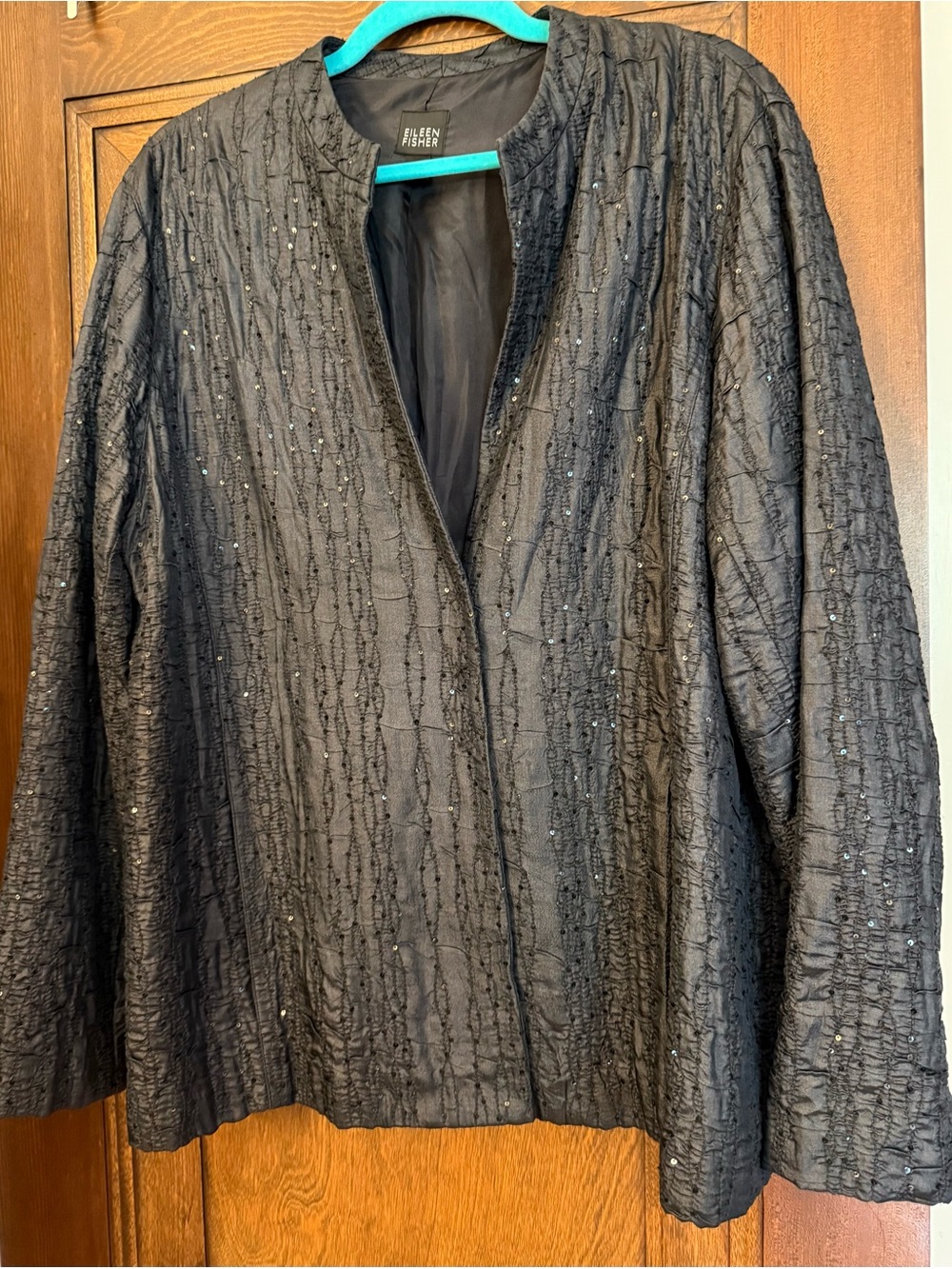 Eileen Fisher Dark Gray Sequined Silk Textured Jacket